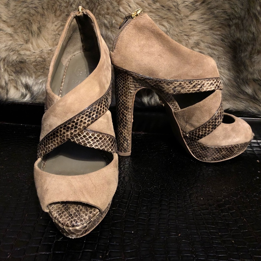 Tory Burch Taupe python and suede platform heels